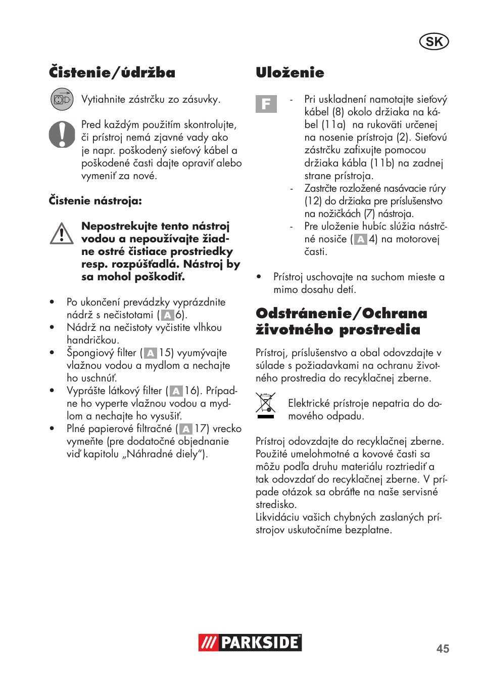 Čistenie/údržba, Uloženie, Odstránenie/ochrana životného prostredia | Parkside PNTS 1300 B2 User Manual | Page 45 / 64