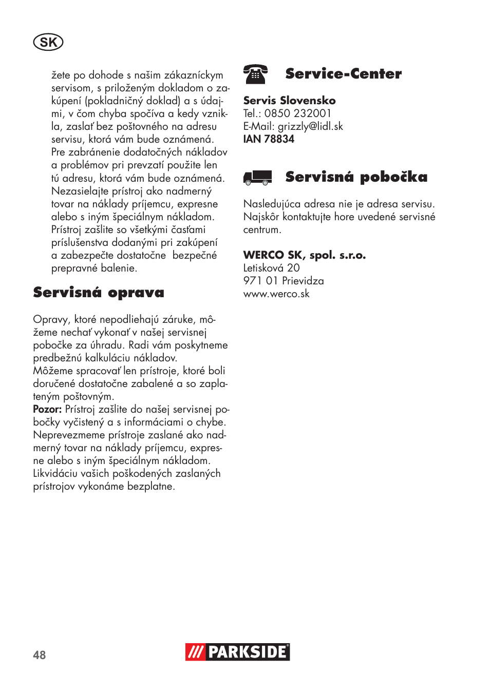 Servisná oprava, Service-center, Servisná pobočka | Parkside PNTS 1300 B2 User Manual | Page 48 / 64