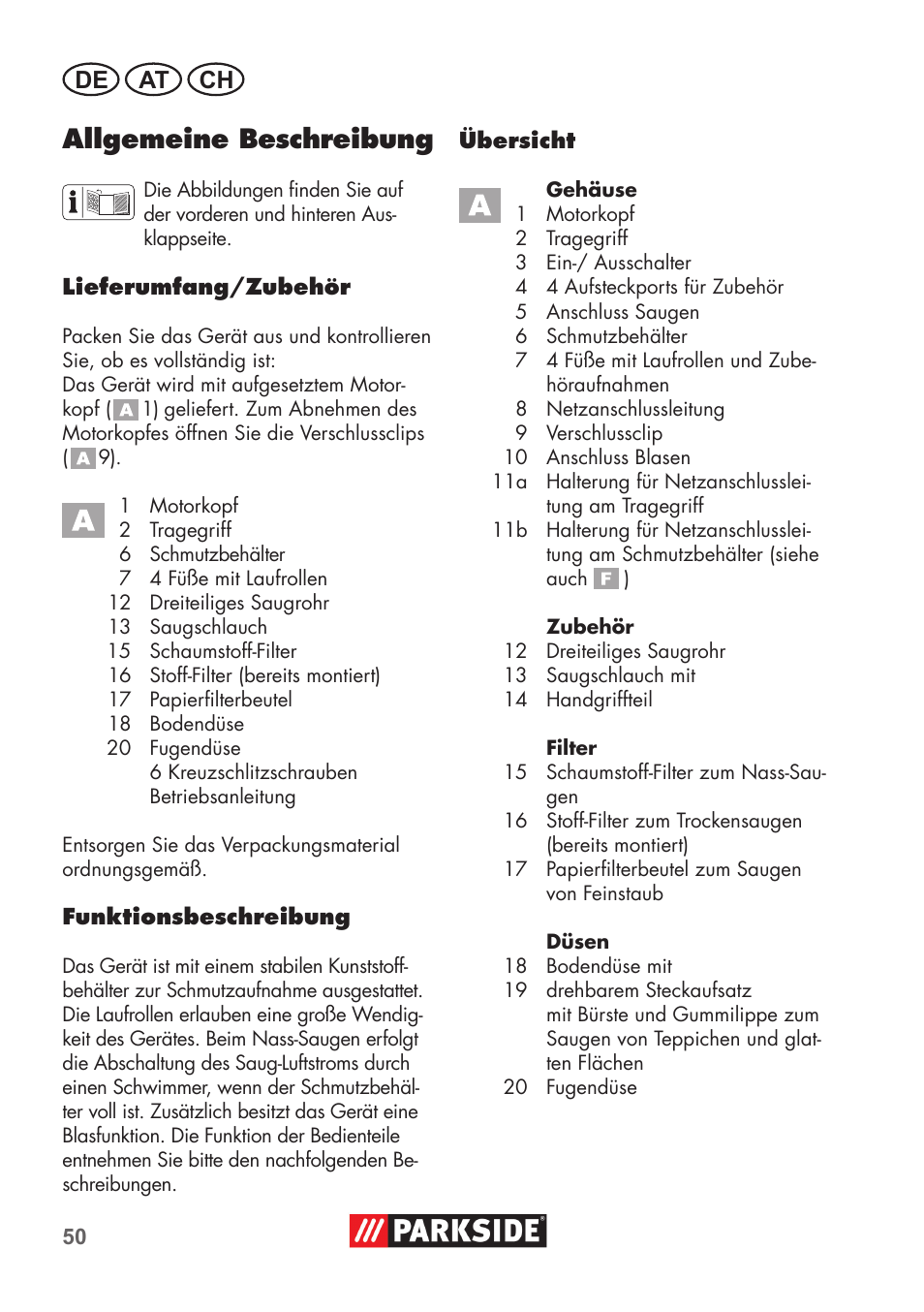 Allgemeine beschreibung, De at ch | Parkside PNTS 1300 B2 User Manual | Page 50 / 64