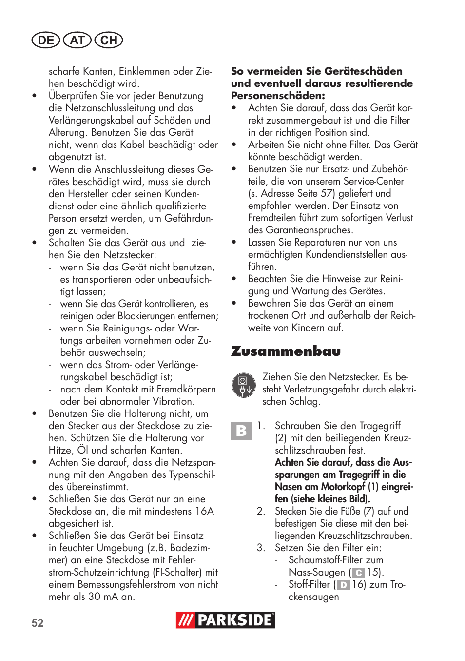 Zusammenbau, De at ch | Parkside PNTS 1300 B2 User Manual | Page 52 / 64