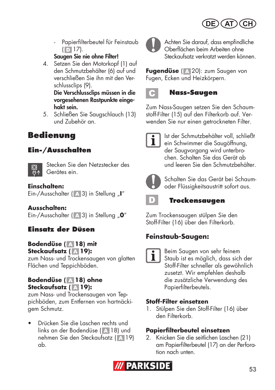 Bedienung, De at ch | Parkside PNTS 1300 B2 User Manual | Page 53 / 64