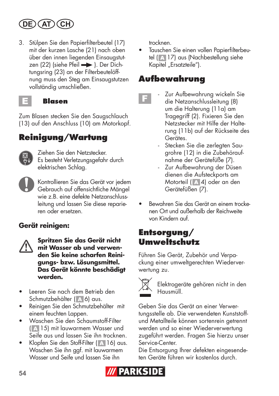 Reinigung/wartung, Aufbewahrung, Entsorgung/ umweltschutz | De at ch | Parkside PNTS 1300 B2 User Manual | Page 54 / 64