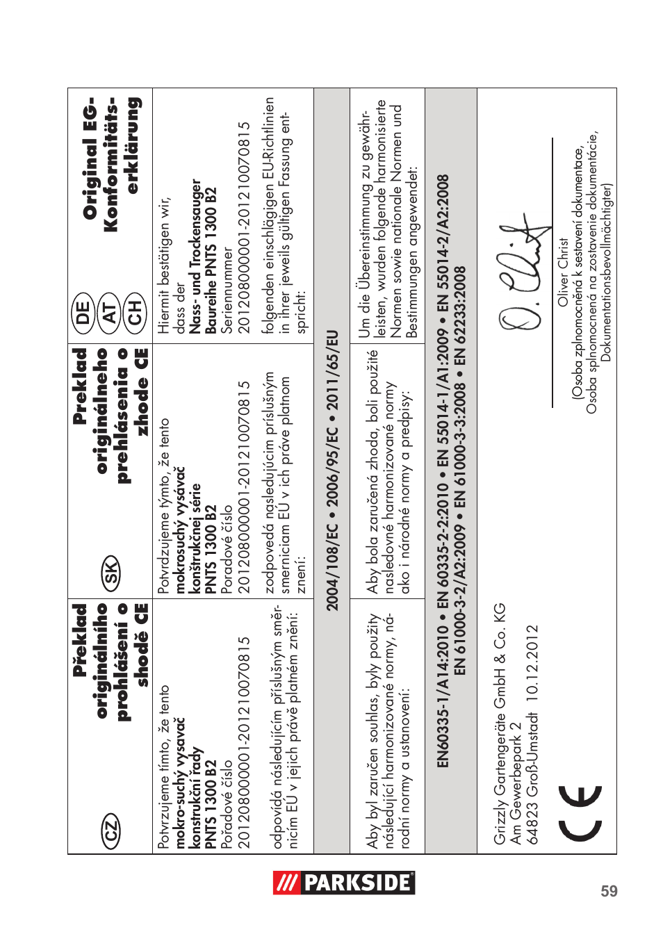 De at ch | Parkside PNTS 1300 B2 User Manual | Page 59 / 64