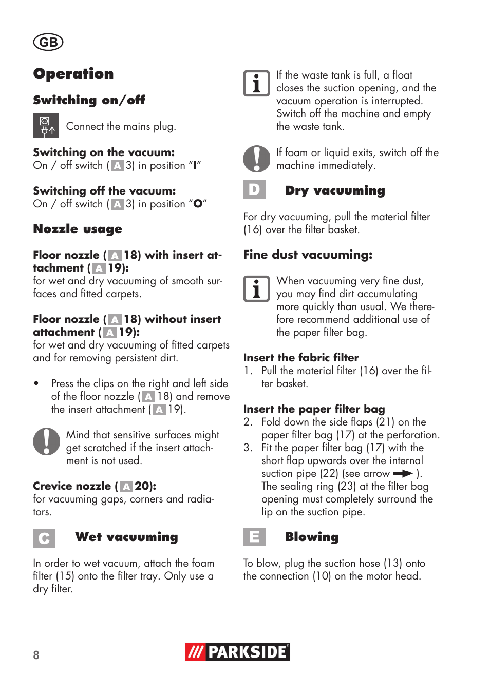 Operation | Parkside PNTS 1300 B2 User Manual | Page 8 / 64
