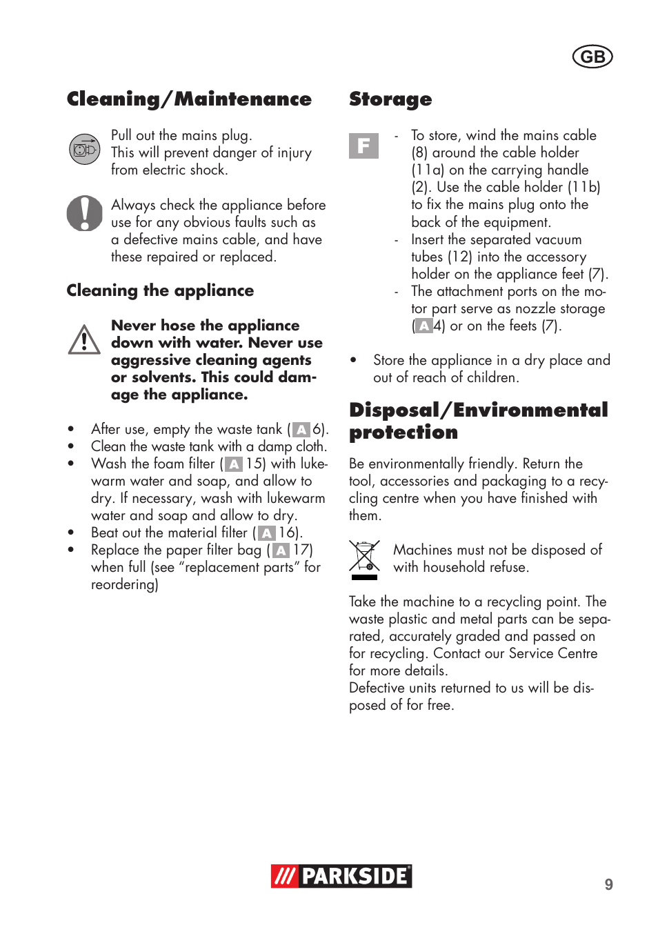 Cleaning/maintenance, Storage, Disposal/environmental protection | Parkside PNTS 1300 B2 User Manual | Page 9 / 64