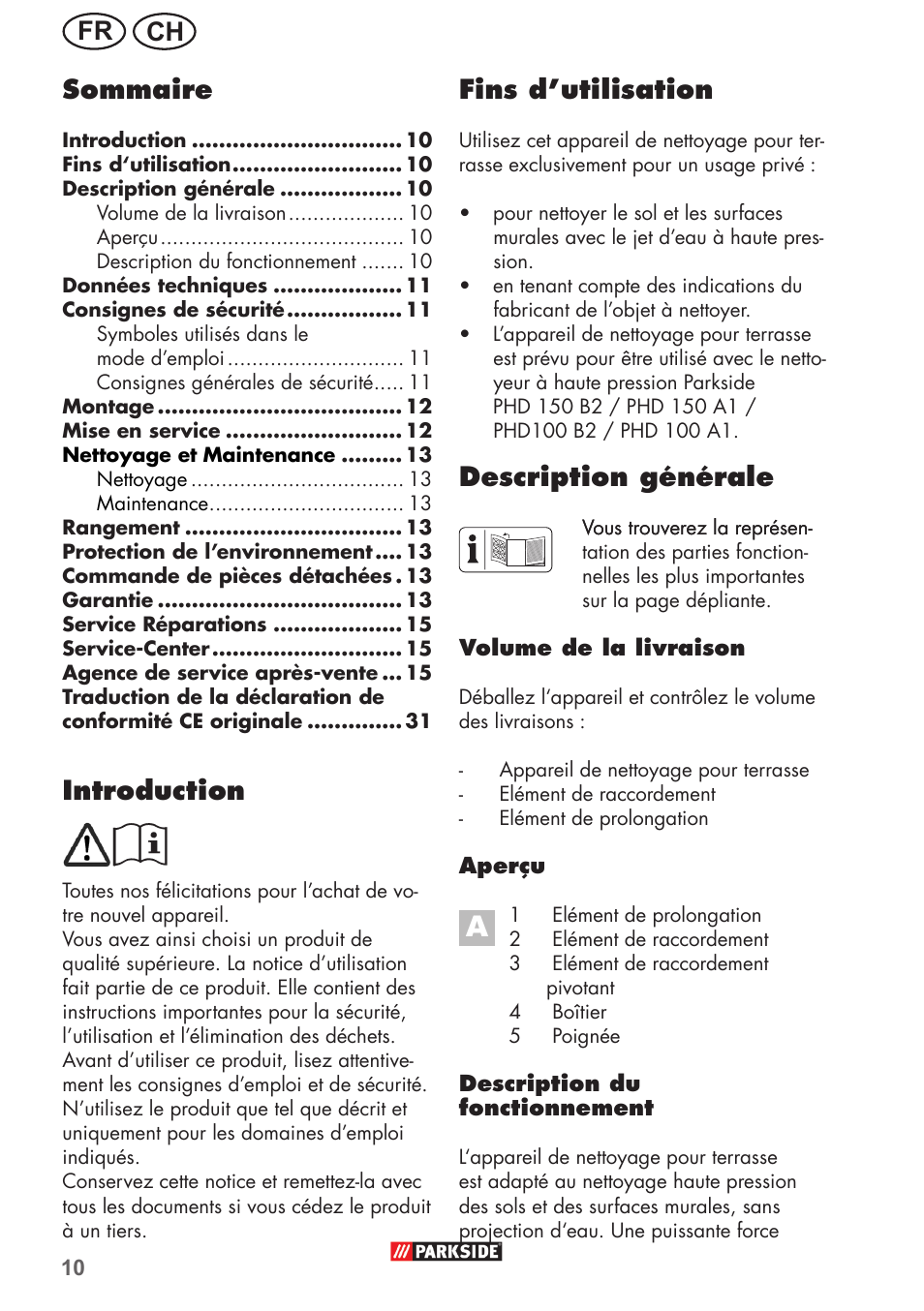 Ch fr fins d’utilisation, Description générale, Introduction | Sommaire | Parkside PFR 30 A1 User Manual | Page 10 / 34