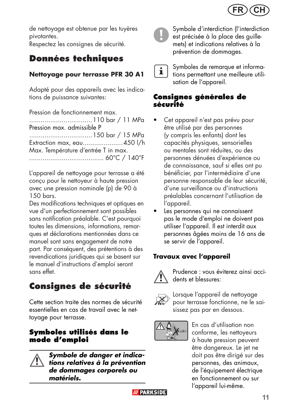Ch fr, Données techniques, Consignes de sécurité | Parkside PFR 30 A1 User Manual | Page 11 / 34