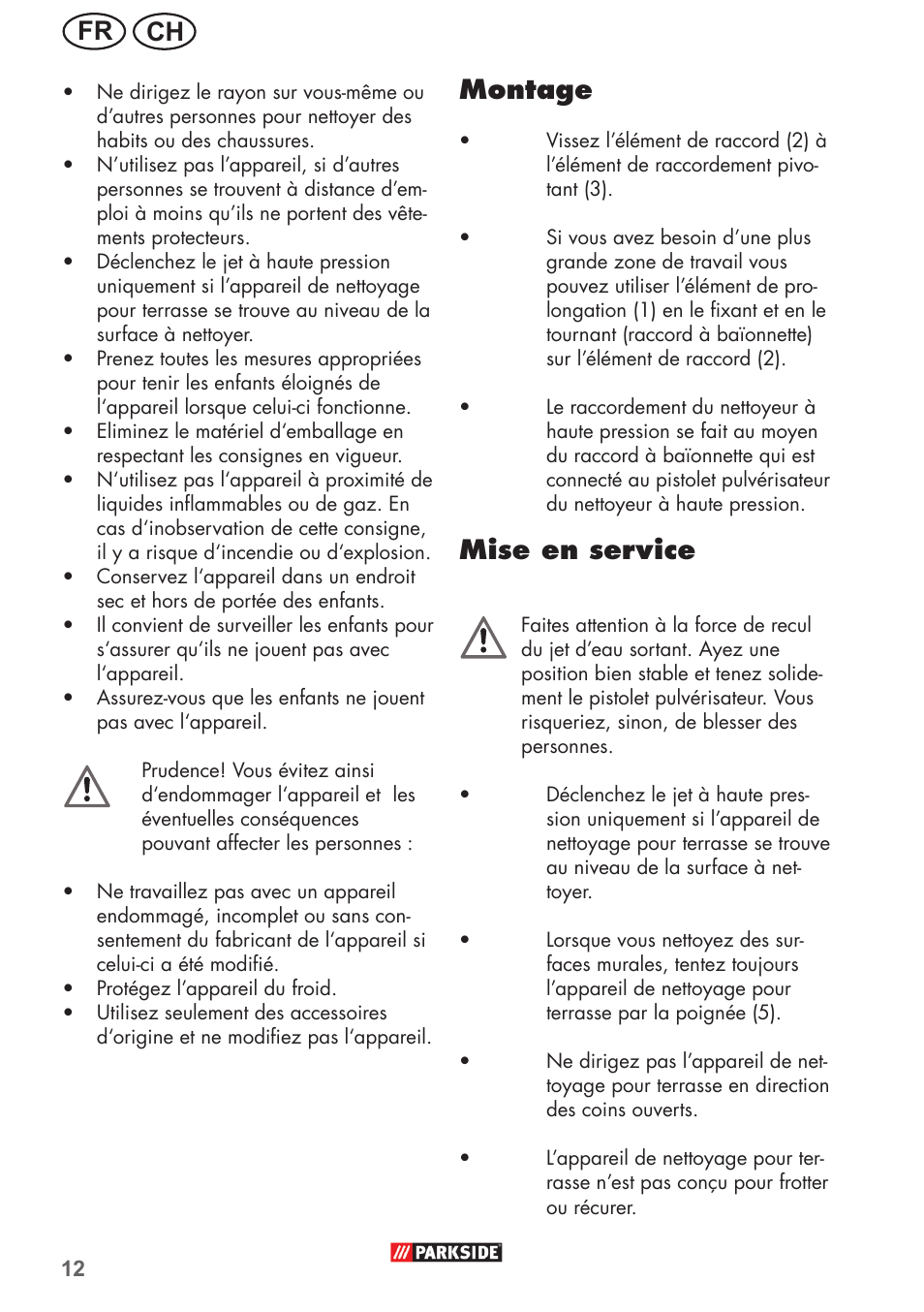 Ch fr, Montage, Mise en service | Parkside PFR 30 A1 User Manual | Page 12 / 34