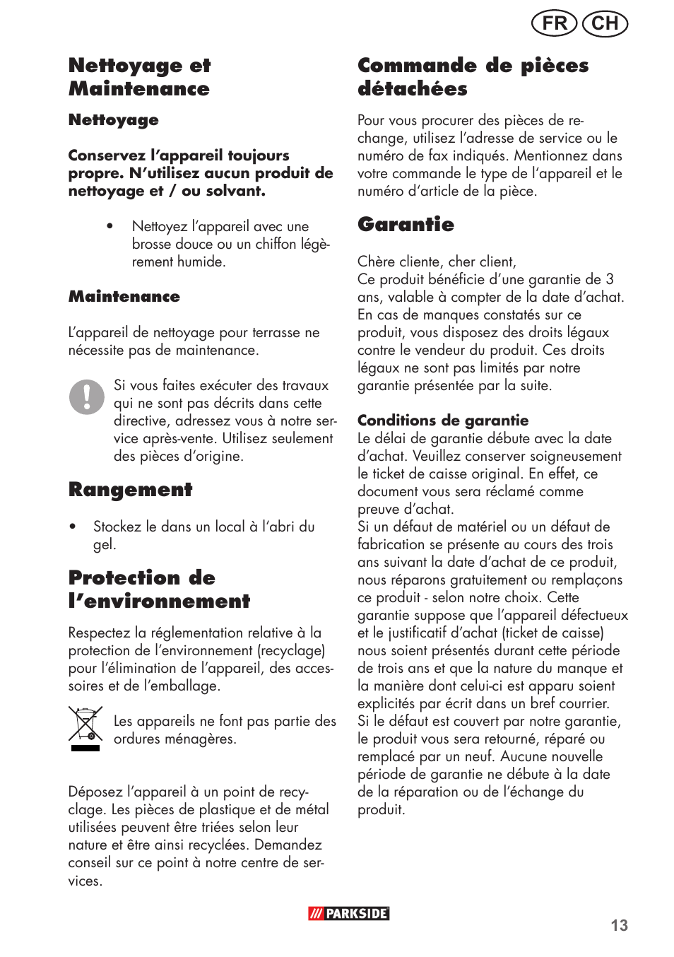 Ch fr nettoyage, Et maintenance, Rangement | Protection de l’environnement, Commande de pièces détachées, Garantie | Parkside PFR 30 A1 User Manual | Page 13 / 34