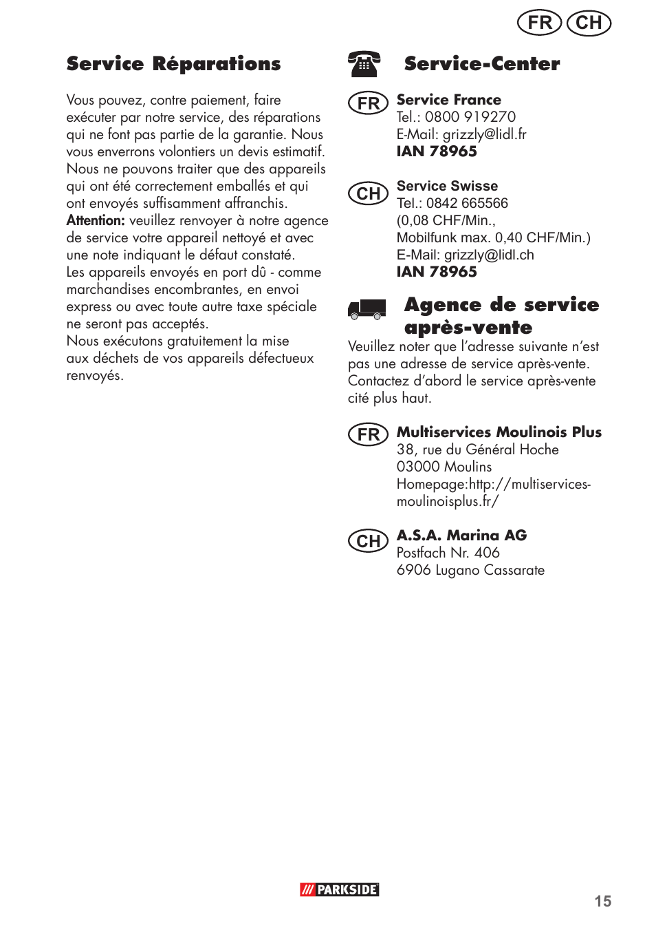 Ch fr service réparations, Service-center, Agence de service après-vente | Parkside PFR 30 A1 User Manual | Page 15 / 34