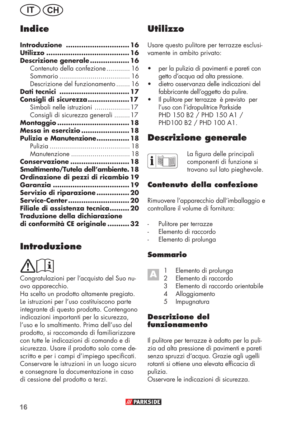 Ch it utilizzo, Descrizione generale, Introduzione | Indice | Parkside PFR 30 A1 User Manual | Page 16 / 34