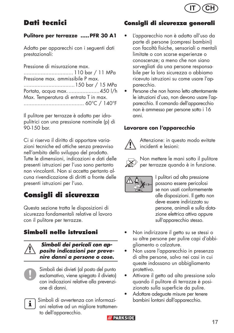 Ch it, Dati tecnici, Consigli di sicurezza | Parkside PFR 30 A1 User Manual | Page 17 / 34