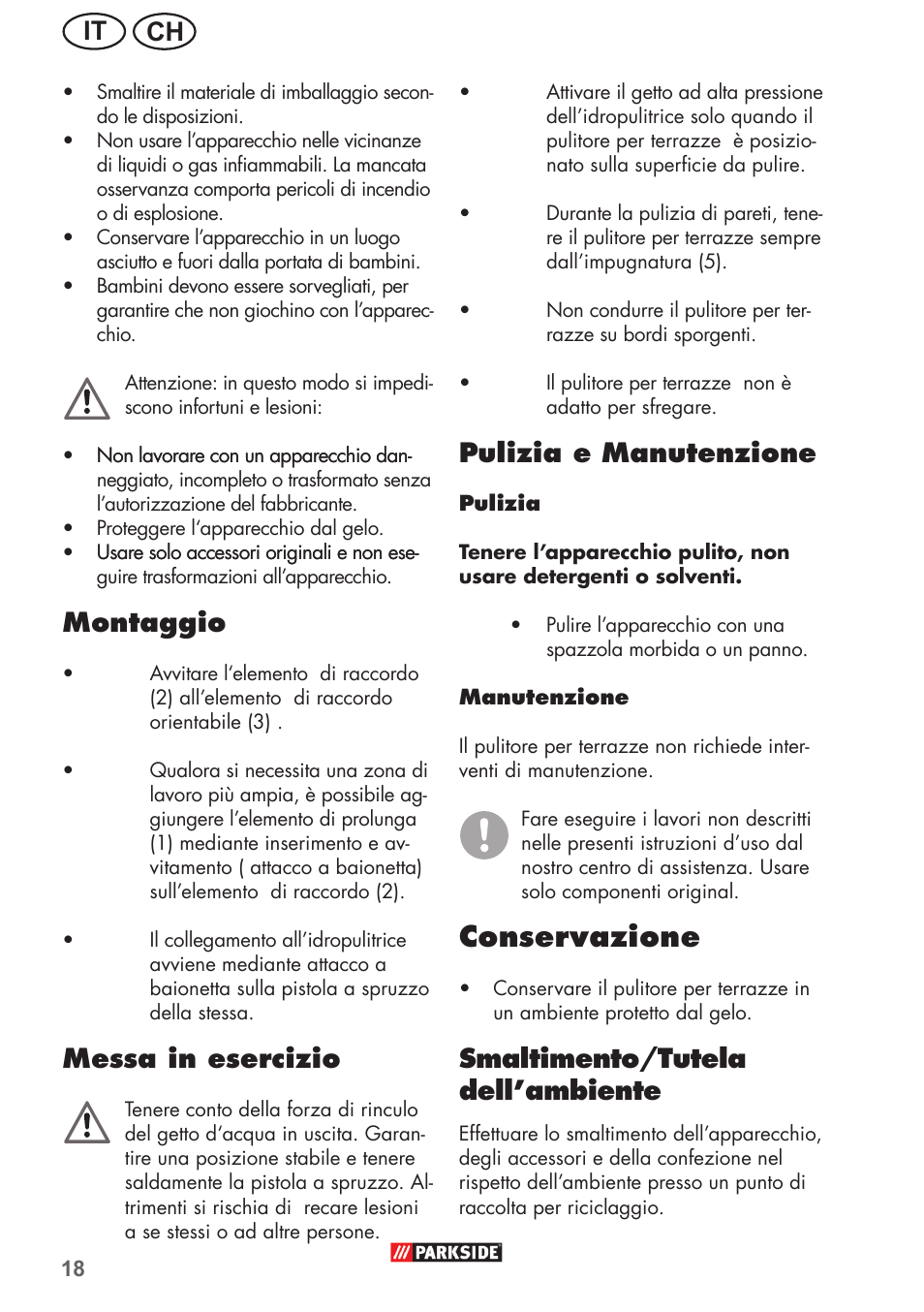 Conservazione, Ch it, Montaggio | Messa in esercizio, Pulizia e manutenzione, Smaltimento/tutela dell’ambiente | Parkside PFR 30 A1 User Manual | Page 18 / 34