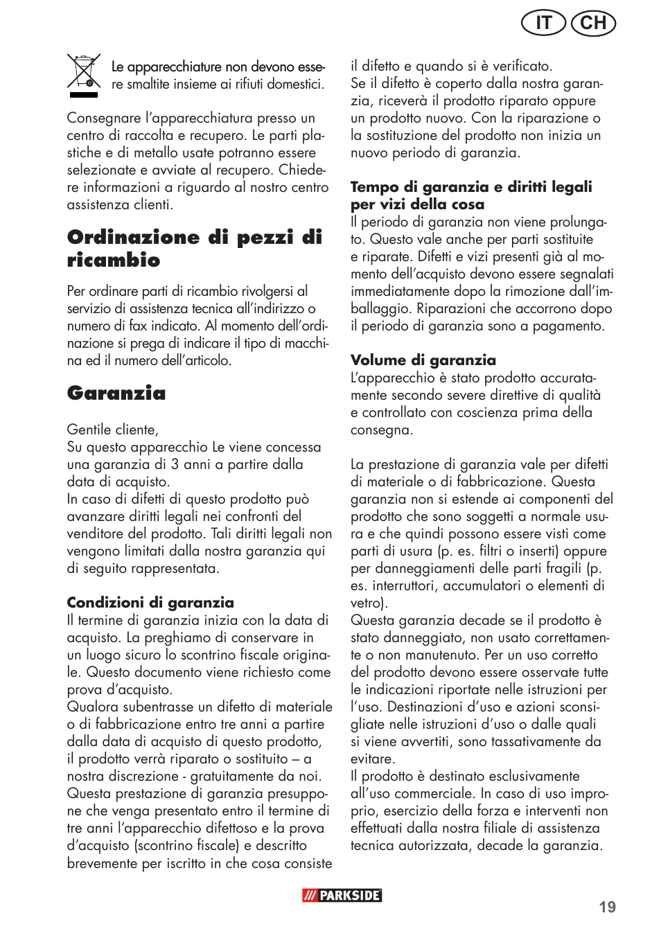 Ch it, Ordinazione di pezzi di ricambio, Garanzia | Parkside PFR 30 A1 User Manual | Page 19 / 34