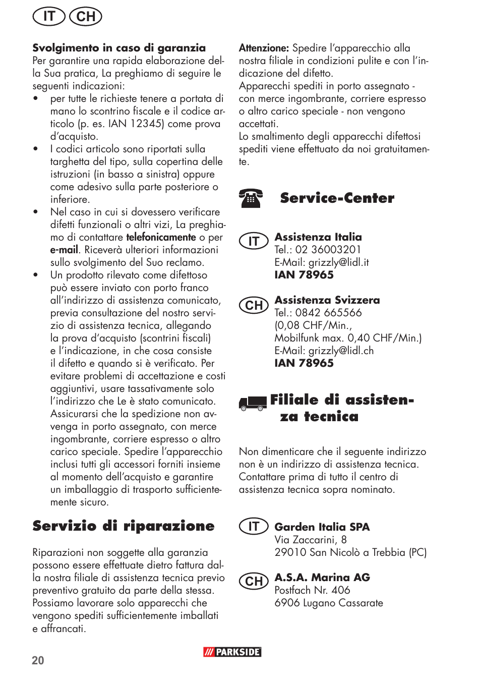 Ch it, Servizio di riparazione, Service-center | Filiale di assisten- za tecnica | Parkside PFR 30 A1 User Manual | Page 20 / 34