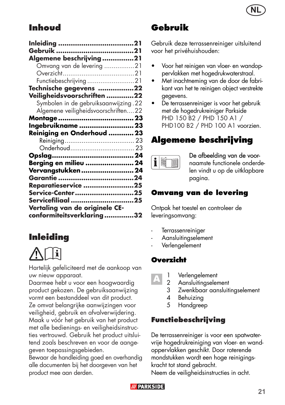 Nl gebruik, Algemene beschrijving, Inleiding | Inhoud | Parkside PFR 30 A1 User Manual | Page 21 / 34