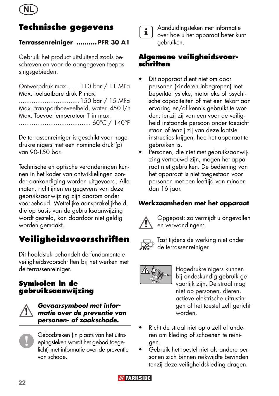 Technische gegevens, Veiligheidsvoorschriften | Parkside PFR 30 A1 User Manual | Page 22 / 34