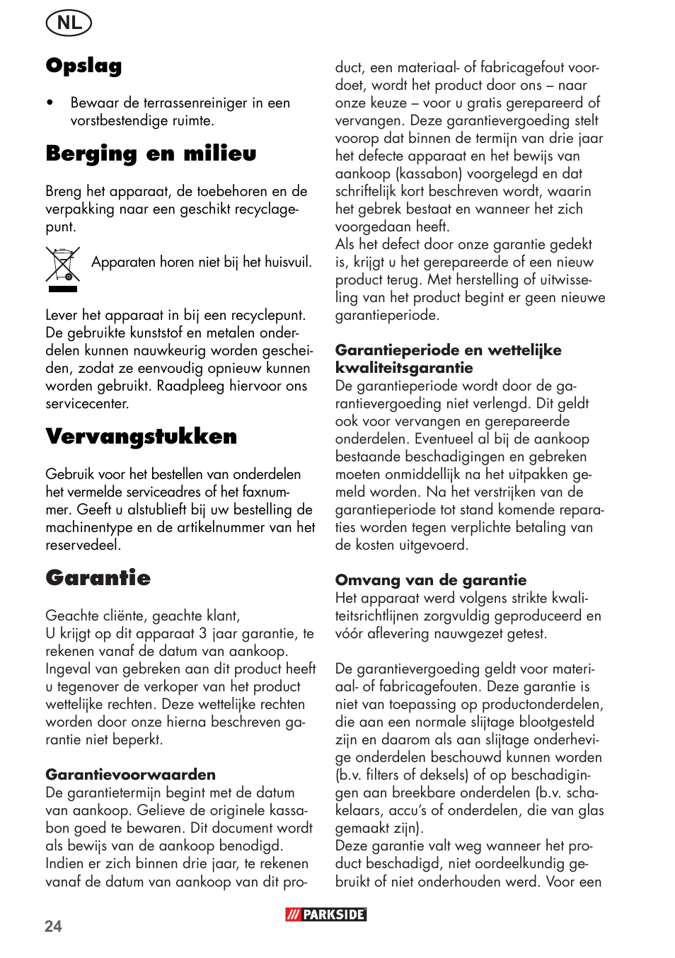 Berging en milieu, Vervangstukken, Garantie | Nl opslag | Parkside PFR 30 A1 User Manual | Page 24 / 34