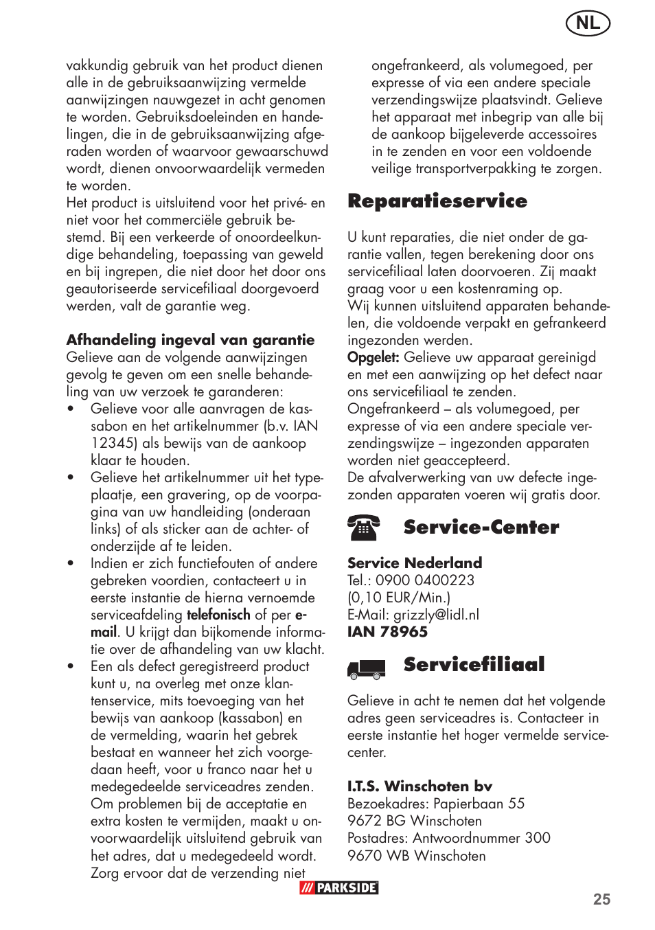 Reparatieservice, Service-center, Servicefiliaal | Parkside PFR 30 A1 User Manual | Page 25 / 34