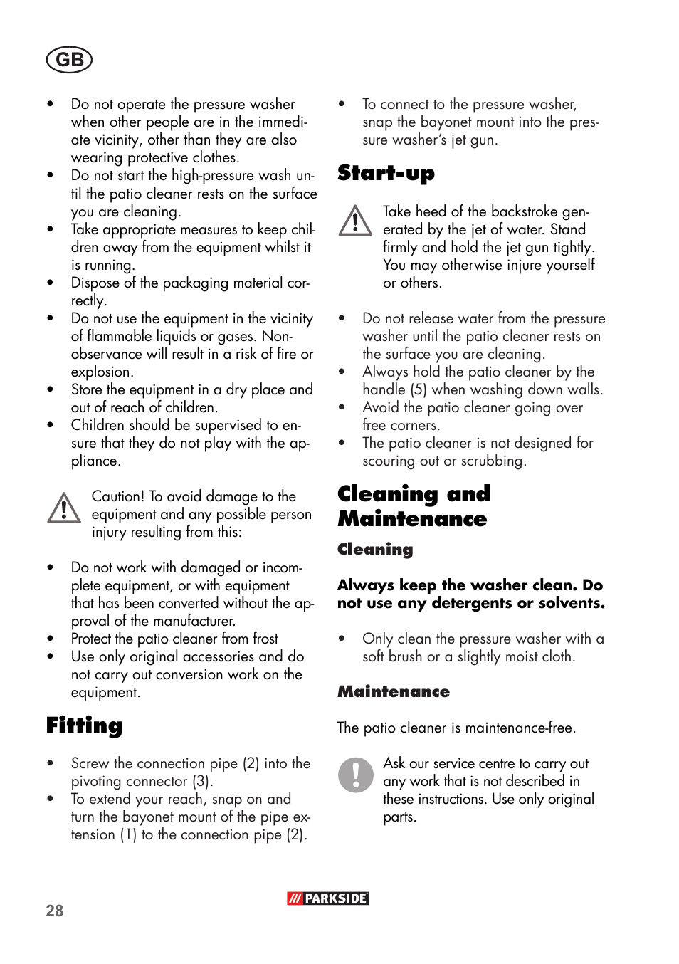 Fitting, Start-up, Cleaning and maintenance | Parkside PFR 30 A1 User Manual | Page 28 / 34