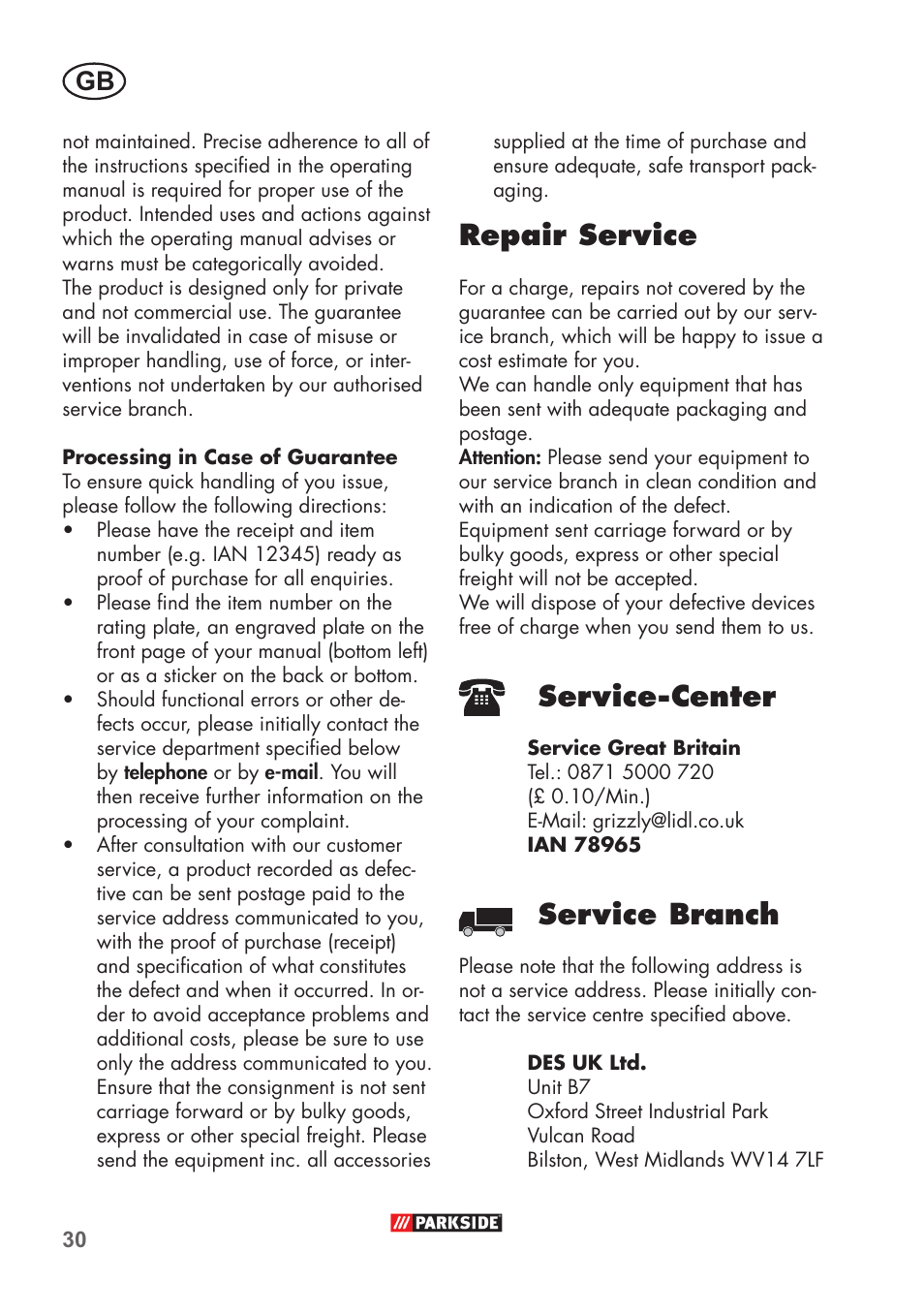 Service-center, Service branch, Repair service | Parkside PFR 30 A1 User Manual | Page 30 / 34