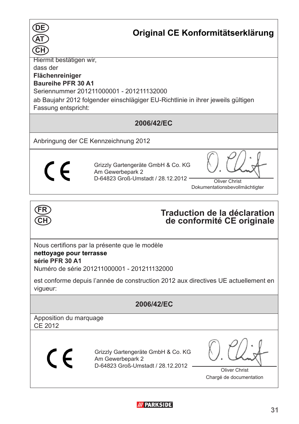 Original ce konformitätserklärung | Parkside PFR 30 A1 User Manual | Page 31 / 34