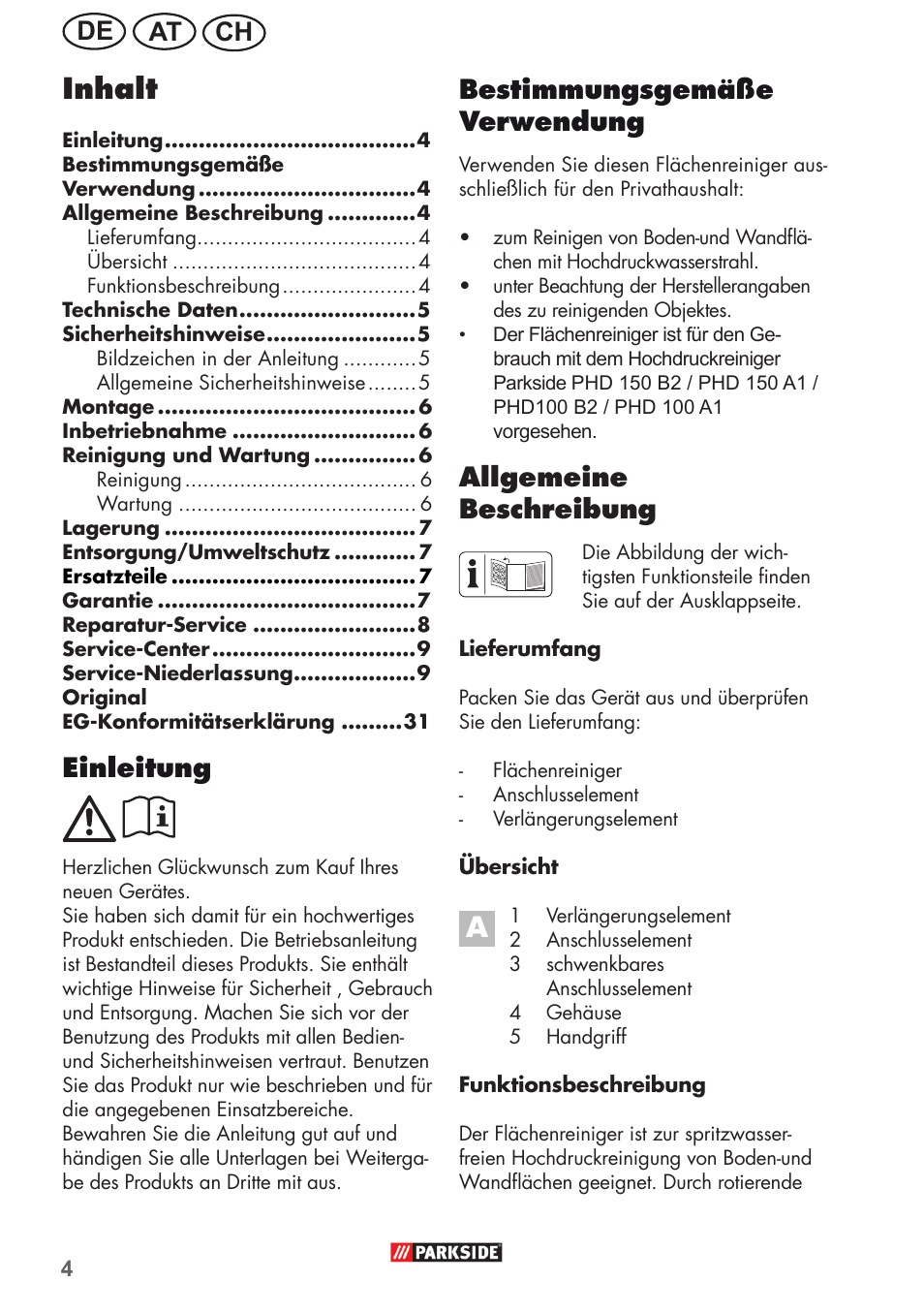 Inhalt, Ch at de bestimmungsgemäße verwendung, Allgemeine beschreibung | Einleitung | Parkside PFR 30 A1 User Manual | Page 4 / 34