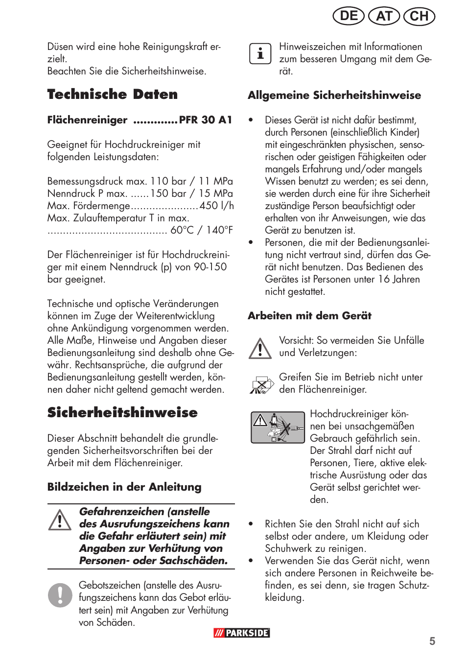 Ch at de, Technische daten, Sicherheitshinweise | Parkside PFR 30 A1 User Manual | Page 5 / 34
