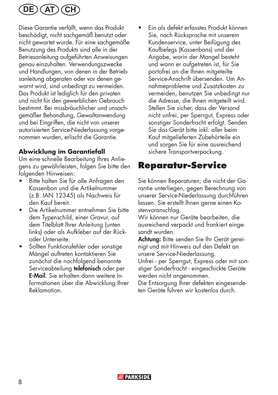 Reparatur-service, Ch at de | Parkside PFR 30 A1 User Manual | Page 8 / 34