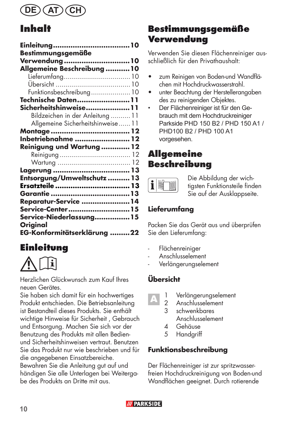 Inhalt, Ch at de bestimmungsgemäße verwendung, Allgemeine beschreibung | Einleitung | Parkside PFR 30 A1 User Manual | Page 10 / 26