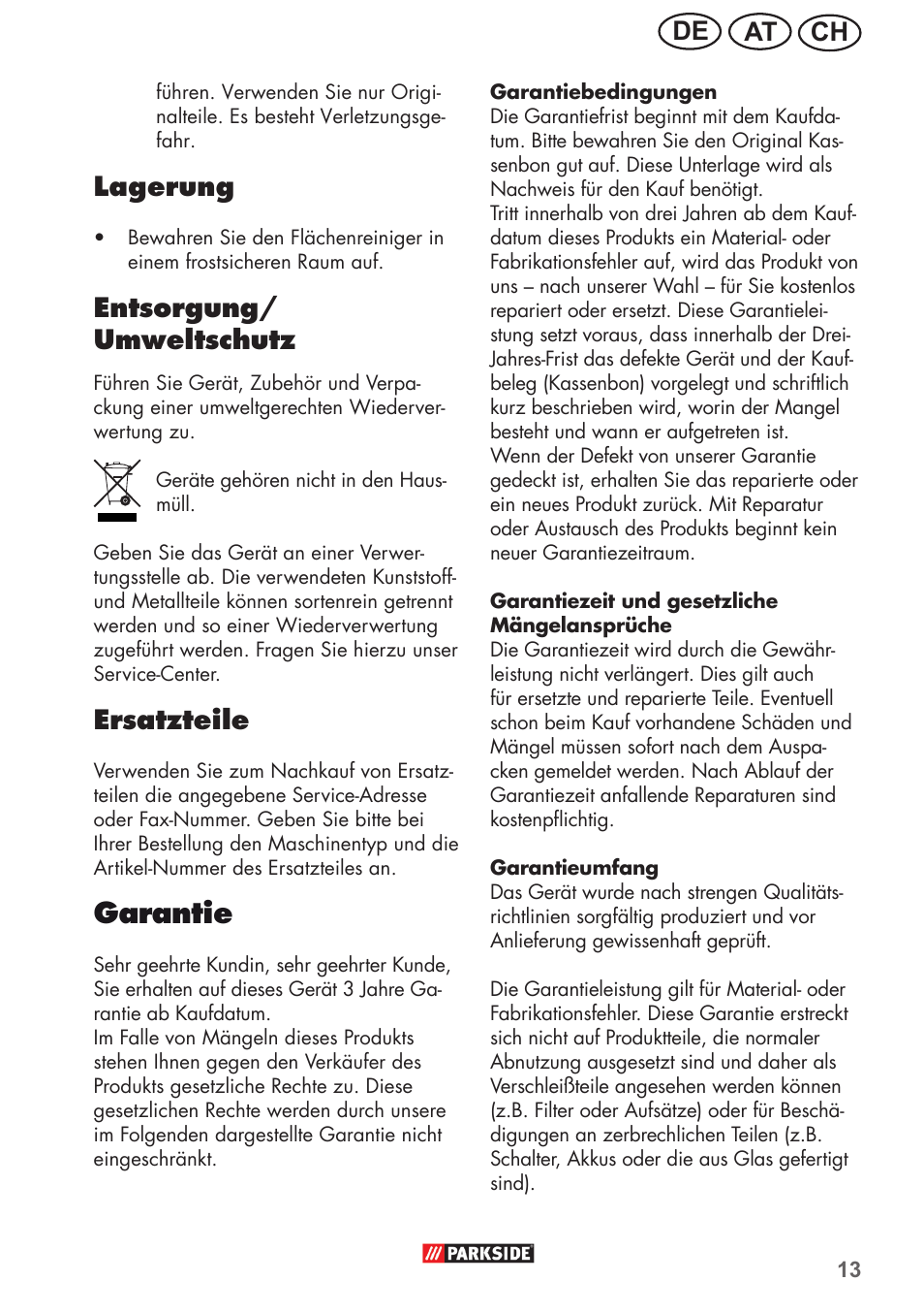 Garantie, Ch at de, Lagerung | Entsorgung/ umweltschutz, Ersatzteile | Parkside PFR 30 A1 User Manual | Page 13 / 26