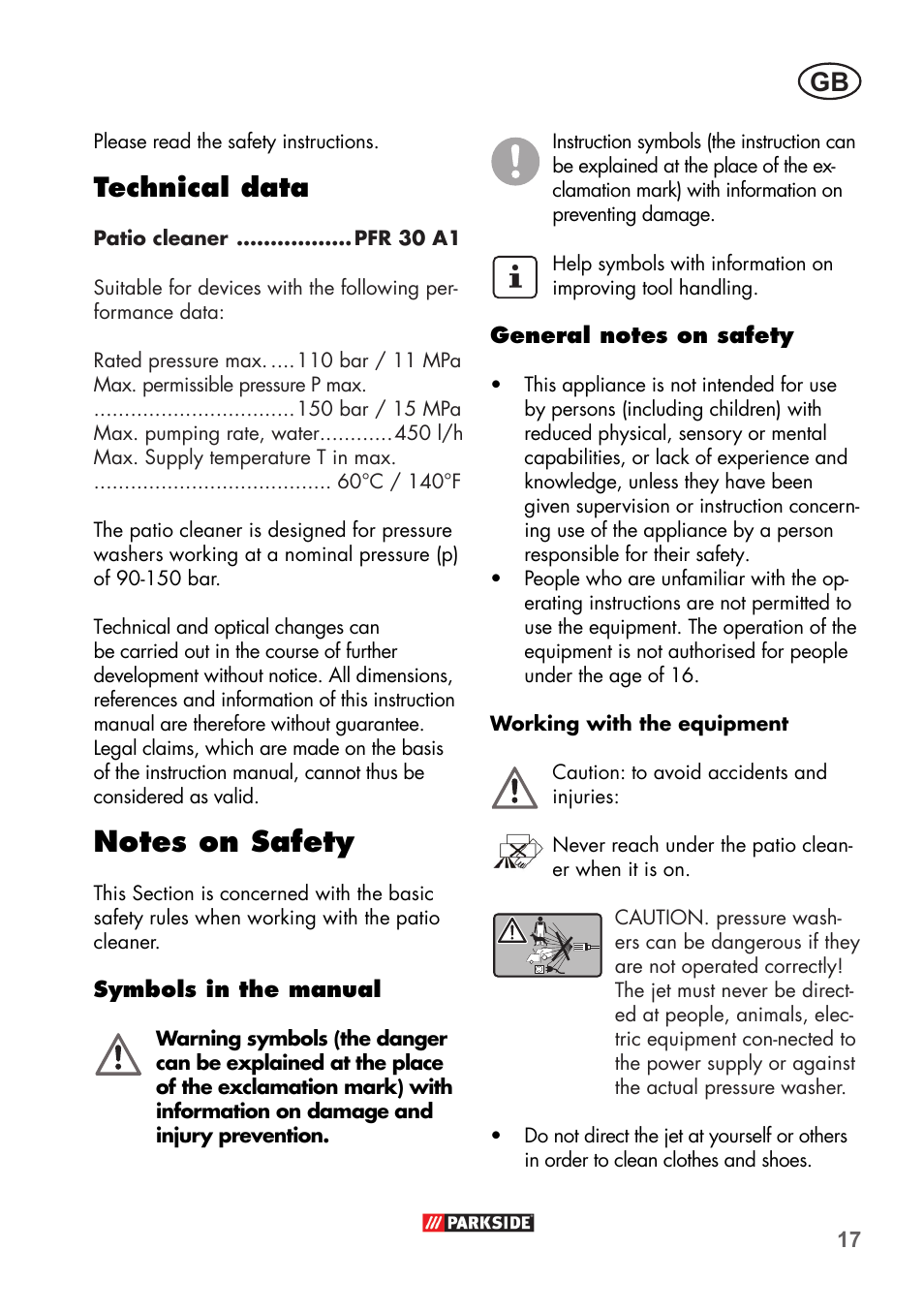Technical data | Parkside PFR 30 A1 User Manual | Page 17 / 26