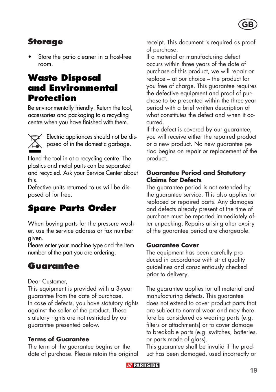 Waste disposal and environmental protection, Spare parts order, Guarantee | Gb storage | Parkside PFR 30 A1 User Manual | Page 19 / 26