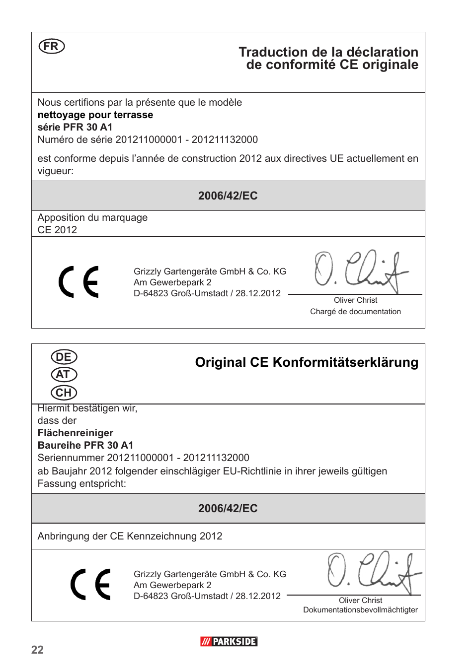 Original ce konformitätserklärung | Parkside PFR 30 A1 User Manual | Page 22 / 26