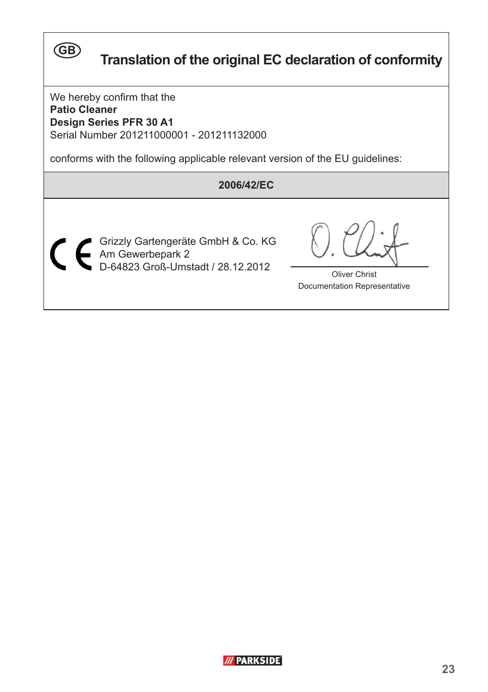 Original ce konformitätserklärung | Parkside PFR 30 A1 User Manual | Page 23 / 26