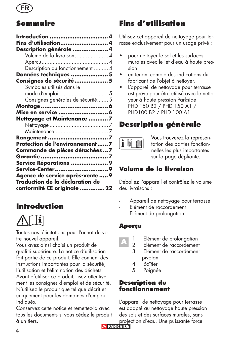 Fr fins d’utilisation, Description générale, Introduction | Sommaire | Parkside PFR 30 A1 User Manual | Page 4 / 26