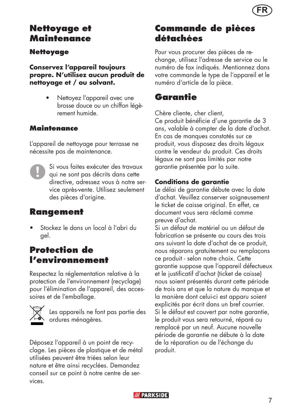 Fr nettoyage, Et maintenance, Rangement | Protection de l’environnement, Commande de pièces détachées, Garantie | Parkside PFR 30 A1 User Manual | Page 7 / 26