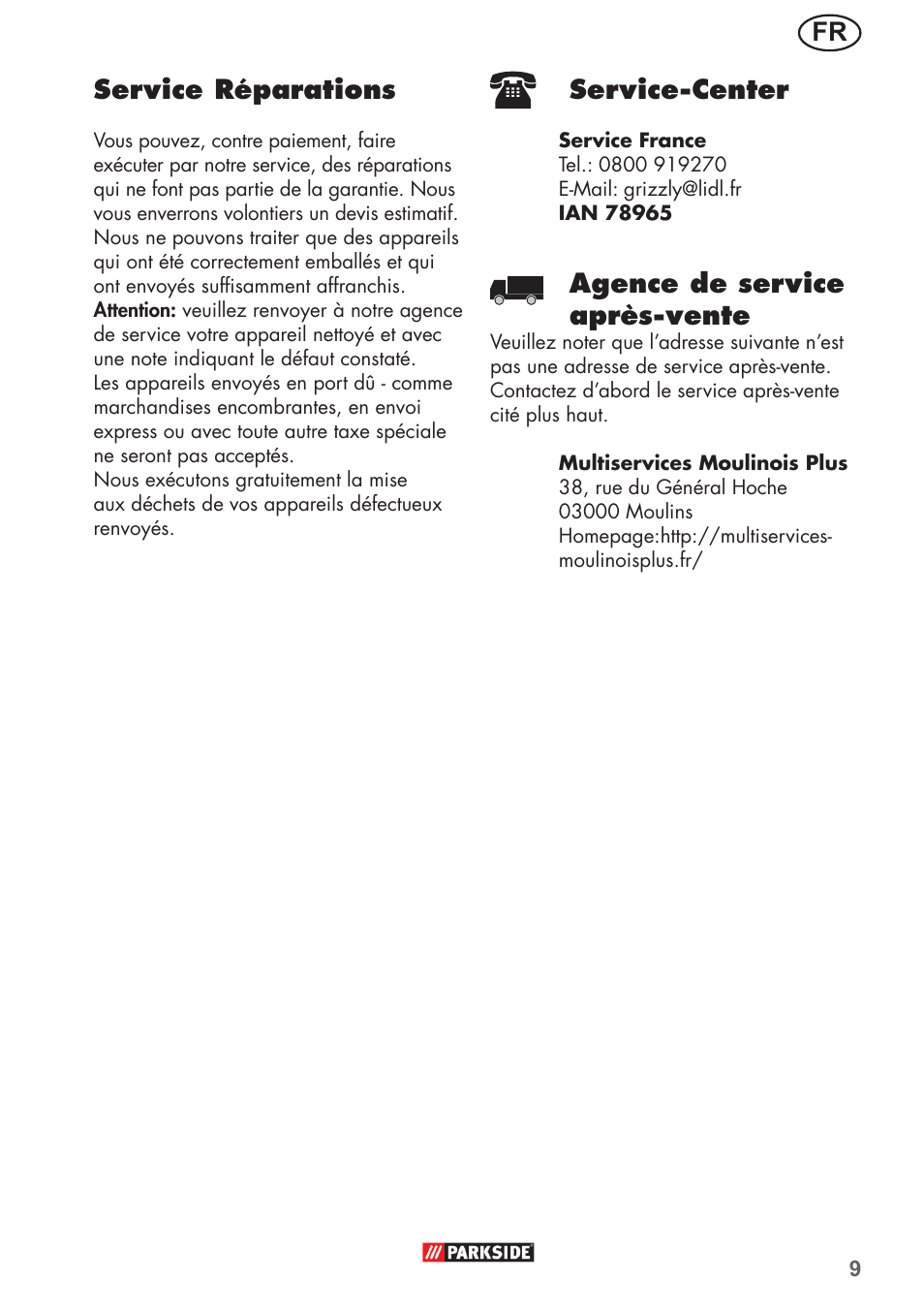 Fr service réparations, Service-center, Agence de service après-vente | Parkside PFR 30 A1 User Manual | Page 9 / 26