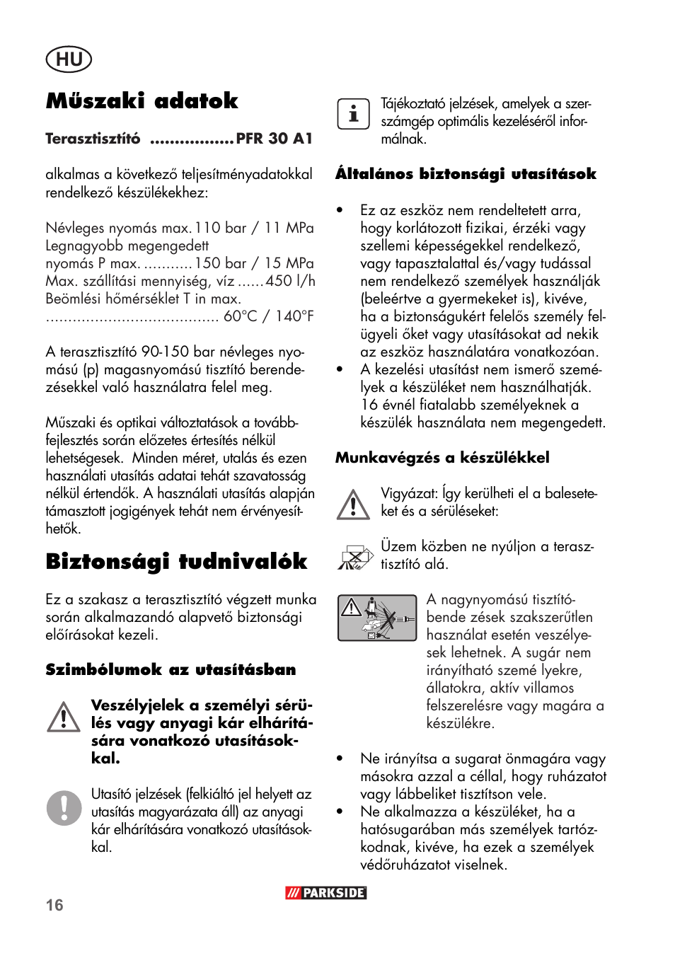 Műszaki adatok, Biztonsági tudnivalók | Parkside PFR 30 A1 User Manual | Page 16 / 38