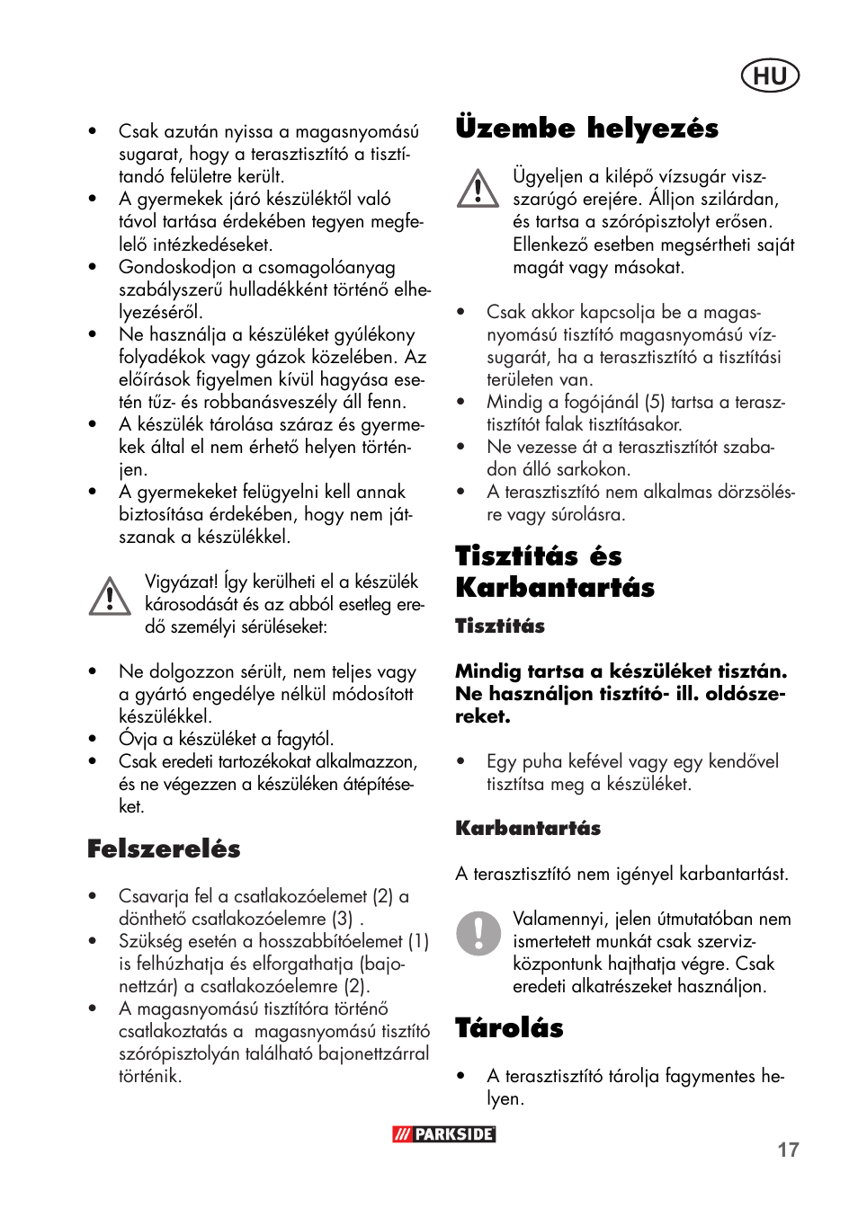 Üzembe helyezés, Tisztítás és karbantartás, Tárolás | Felszerelés | Parkside PFR 30 A1 User Manual | Page 17 / 38