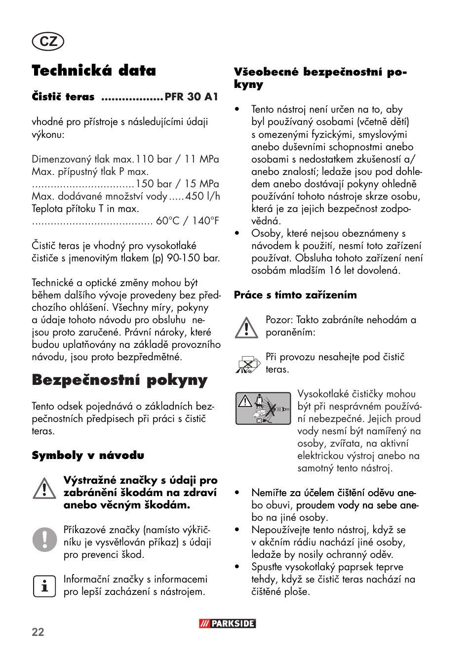 Technická data, Bezpečnostní pokyny | Parkside PFR 30 A1 User Manual | Page 22 / 38