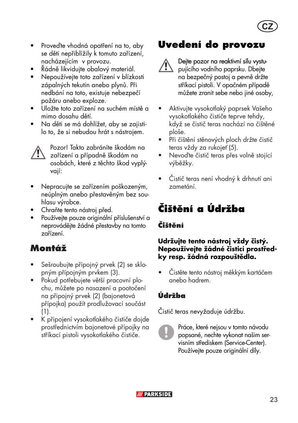 Uvedení do provozu, Čištění a údržba, Montáž | Parkside PFR 30 A1 User Manual | Page 23 / 38