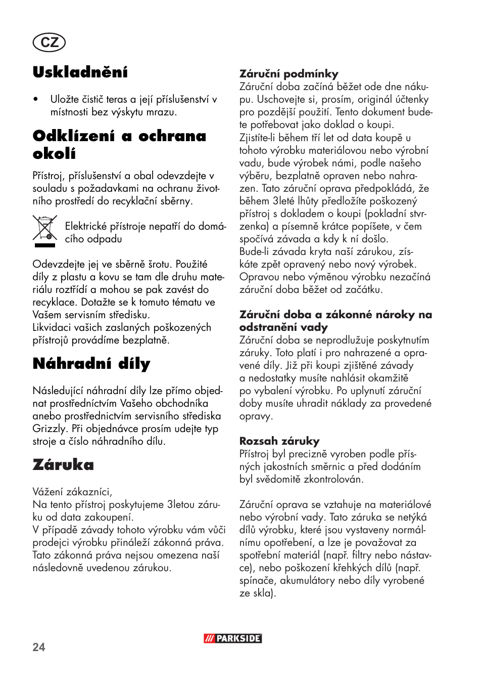 Uskladnění, Odklízení a ochrana okolí, Náhradní díly | Záruka | Parkside PFR 30 A1 User Manual | Page 24 / 38