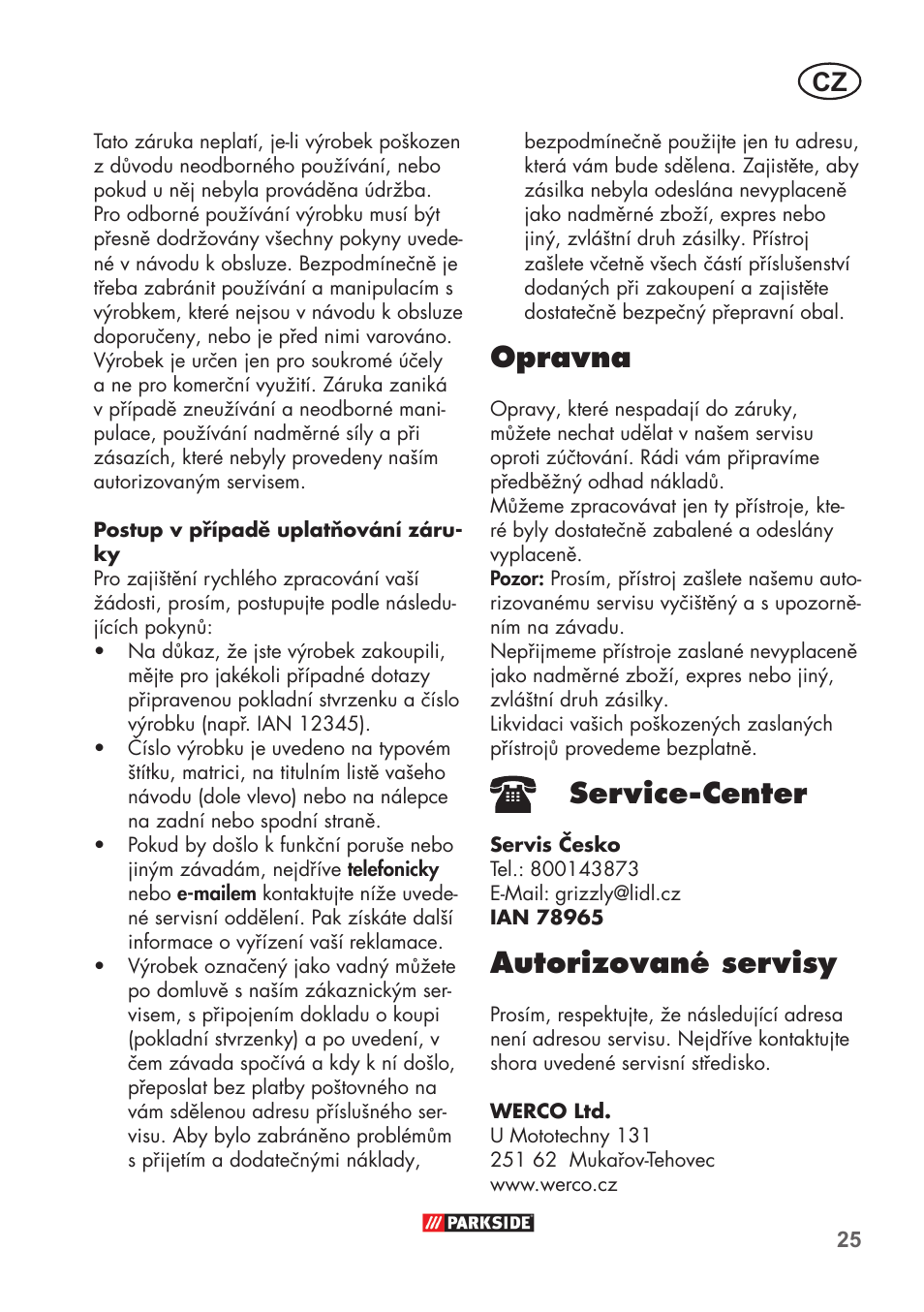 Opravna, Service-center, Autorizované servisy | Parkside PFR 30 A1 User Manual | Page 25 / 38