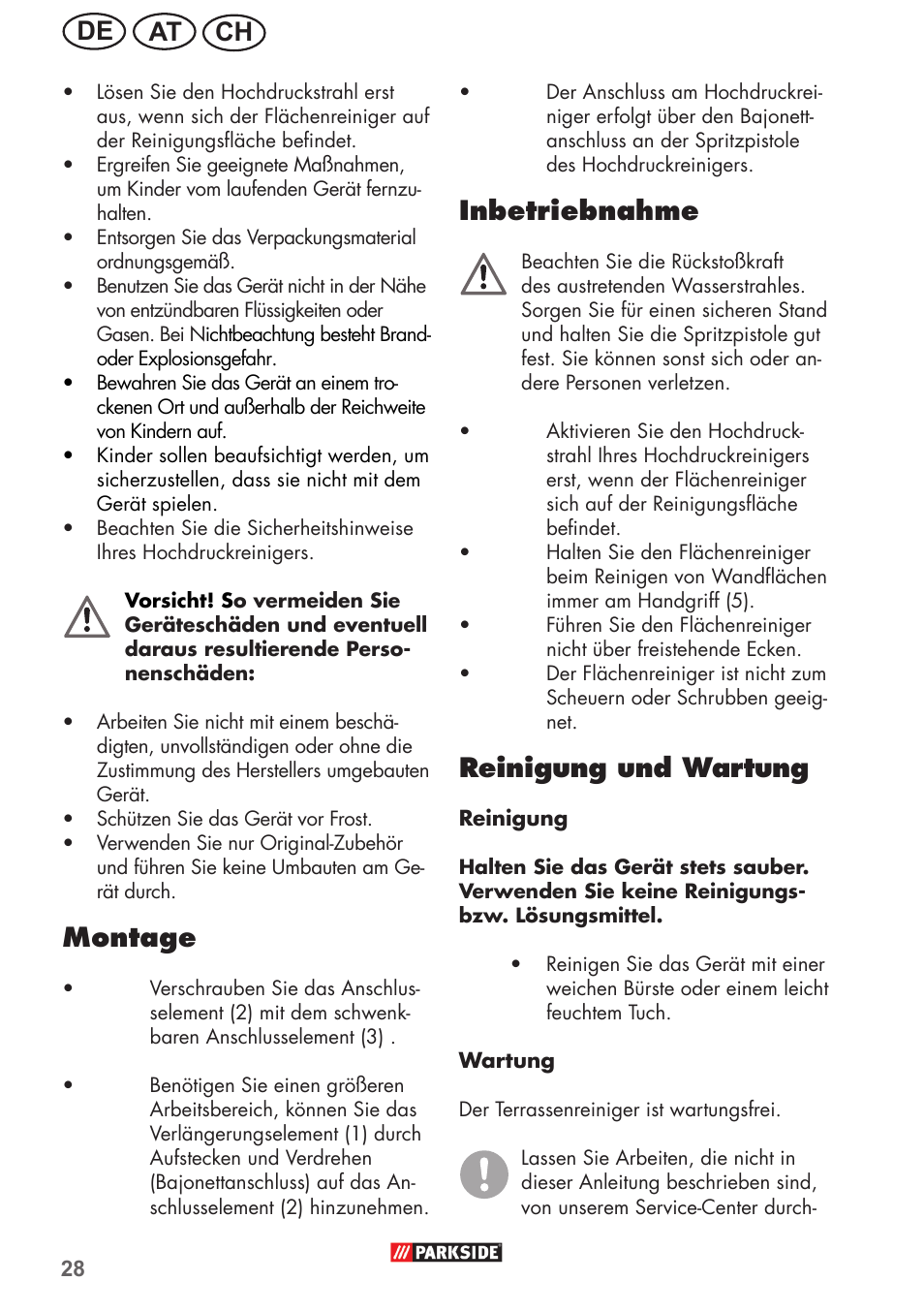 Ch at de, Montage, Inbetriebnahme | Reinigung und wartung | Parkside PFR 30 A1 User Manual | Page 28 / 38