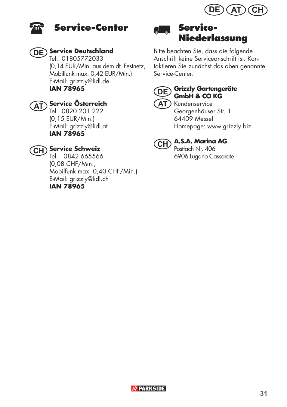 Service-center, Service- niederlassung, Ch at de | Parkside PFR 30 A1 User Manual | Page 31 / 38