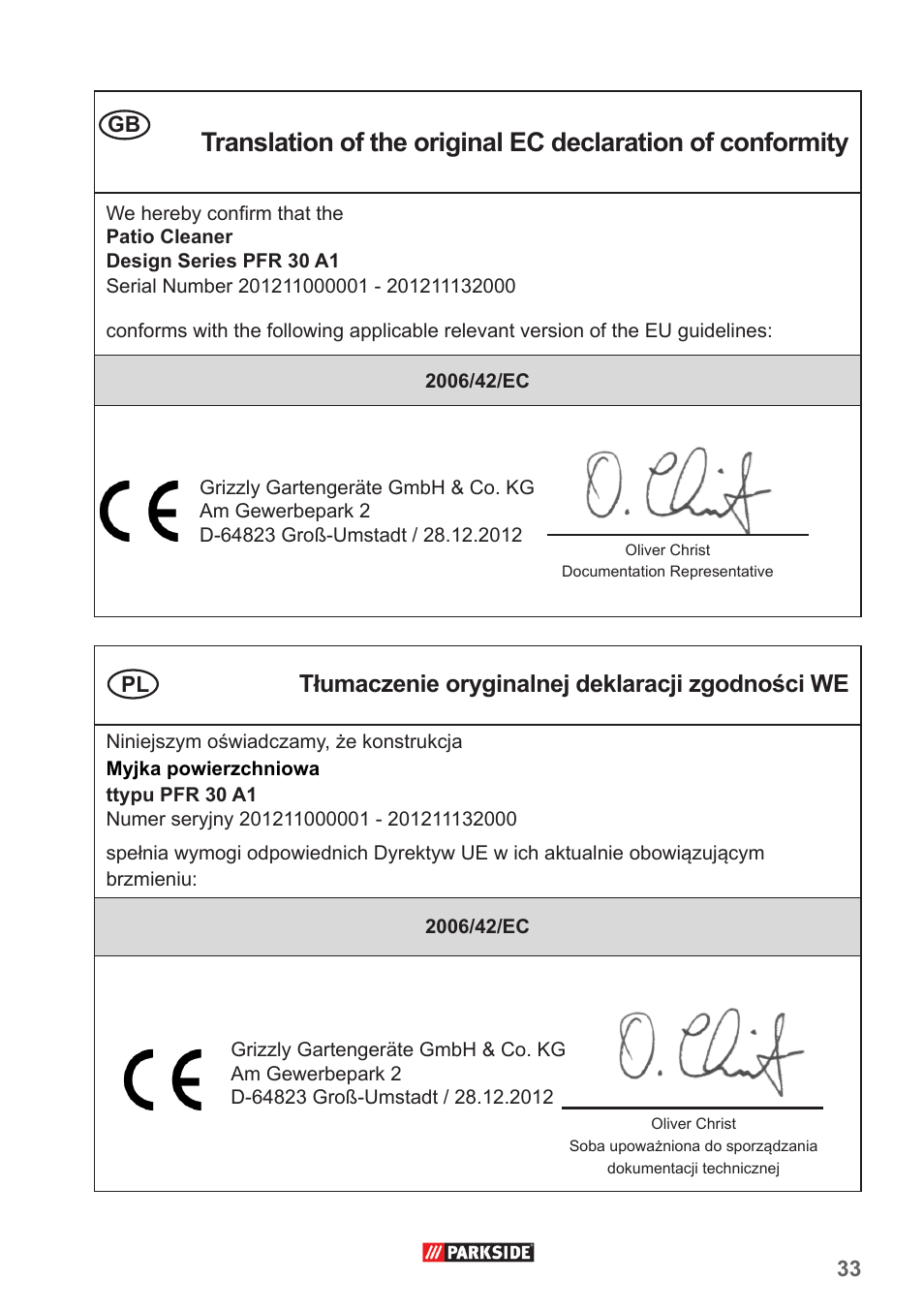 Tłumaczenie oryginalnej deklaracji zgodności we | Parkside PFR 30 A1 User Manual | Page 33 / 38