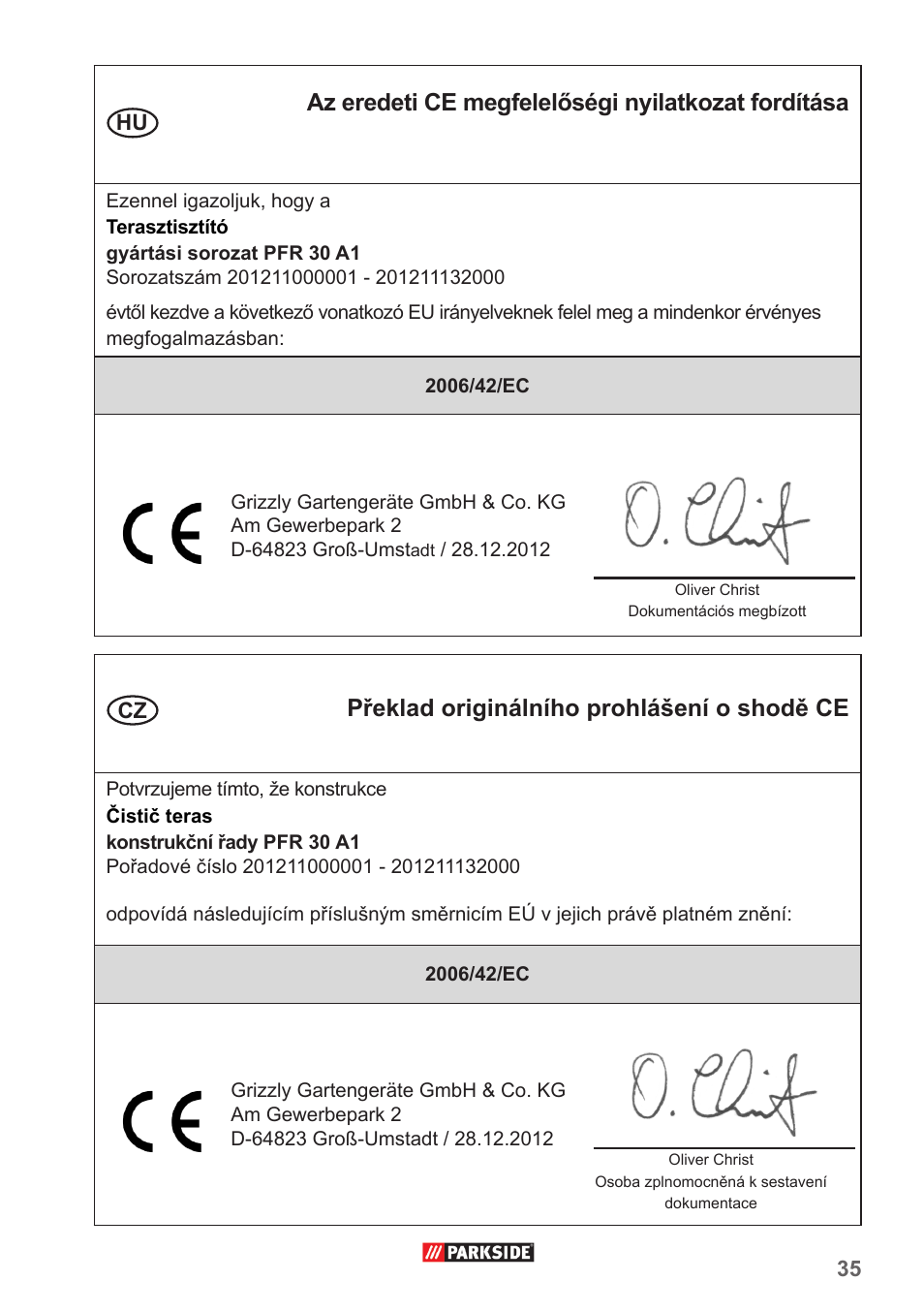 Az eredeti ce megfelelőségi nyilatkozat fordítása, Překlad originálního prohlášení o shodě ce | Parkside PFR 30 A1 User Manual | Page 35 / 38