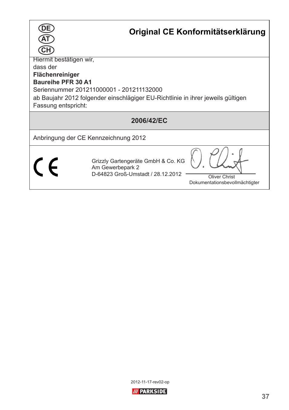 Original ce konformitätserklärung | Parkside PFR 30 A1 User Manual | Page 37 / 38