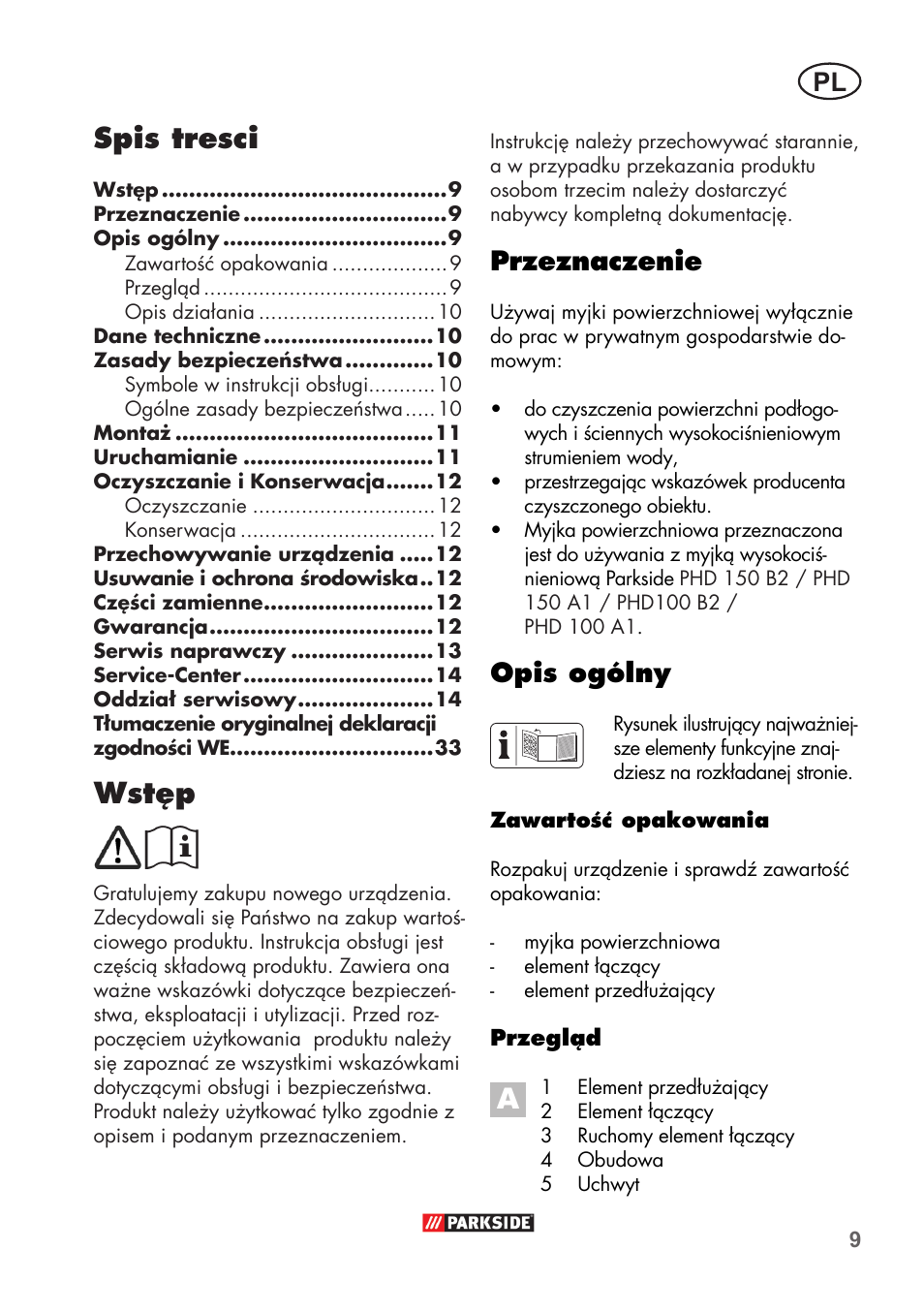 Spis tresci, Wstęp, Przeznaczenie | Opis ogólny | Parkside PFR 30 A1 User Manual | Page 9 / 38